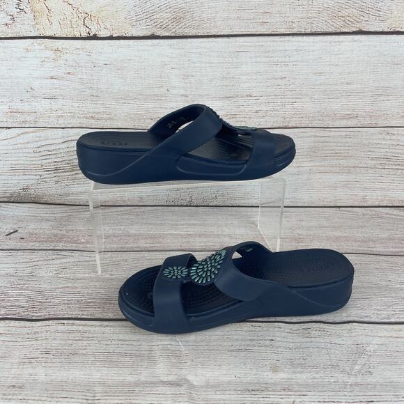 Crocs Womens Monterey Diamante Womens sz 7 Slip-On Wedge Sandals Navy Blue - Picture 2 of 9